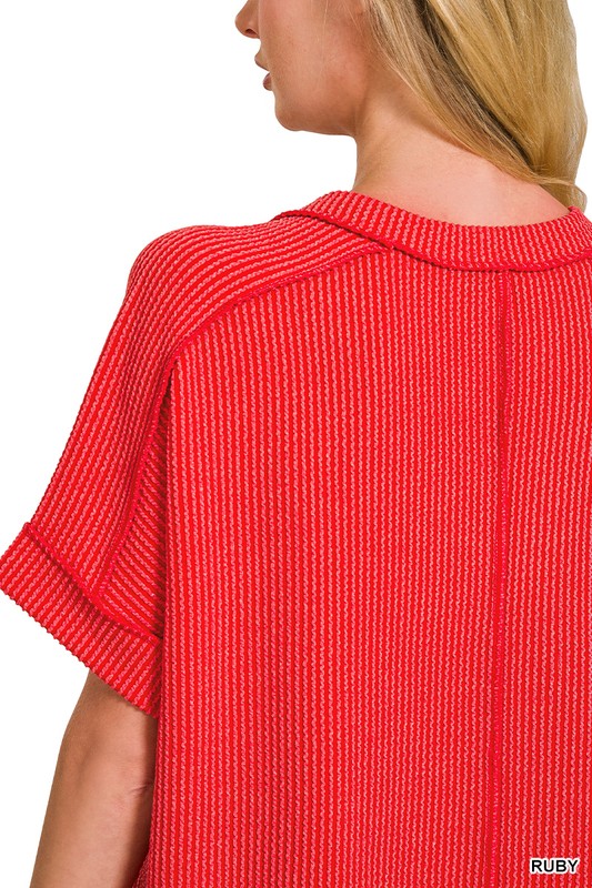 Corded Oversized Ribbed V Neck Top