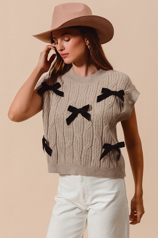 Cable Knit Sweater With Velvet Bows Taupe