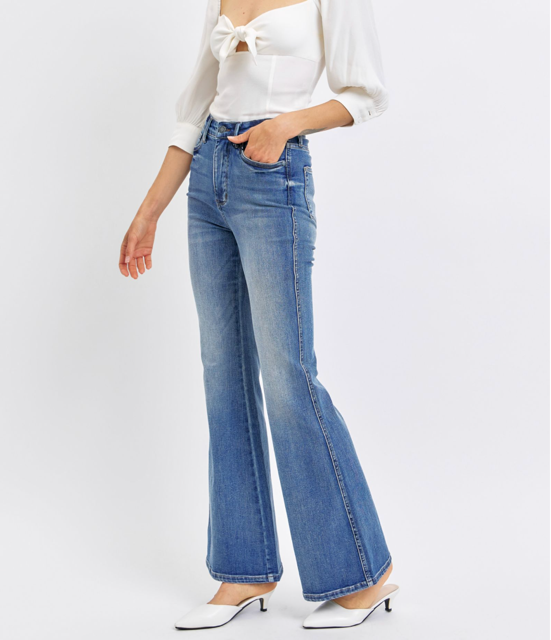 High Waisted Tummy Control Contrast Wash Flare Jeans 88855