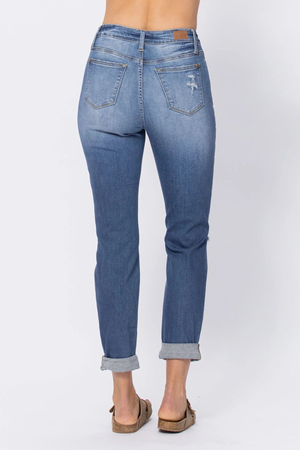 Hi Waist Cuffed Boyfriend Jeans w/ Destroyed Details 88404